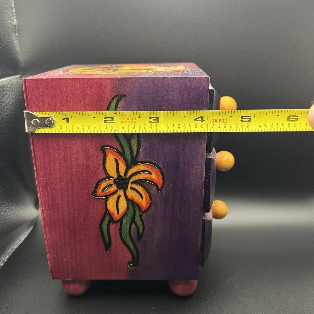 Handmade Wooden 3 Drawer Trinket Chest Bright Colors Carved Fairy Flowers Poland